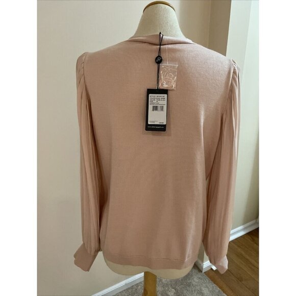 Adrianna Papell Cardigan Sweater Sheer Pleated Sleeves Pearl Blush Sz M Romantic - Picture 5 of 13